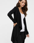 "Eco-friendly bamboo women's clothing: Black waterfall cardigan offers luxurious softness and style."