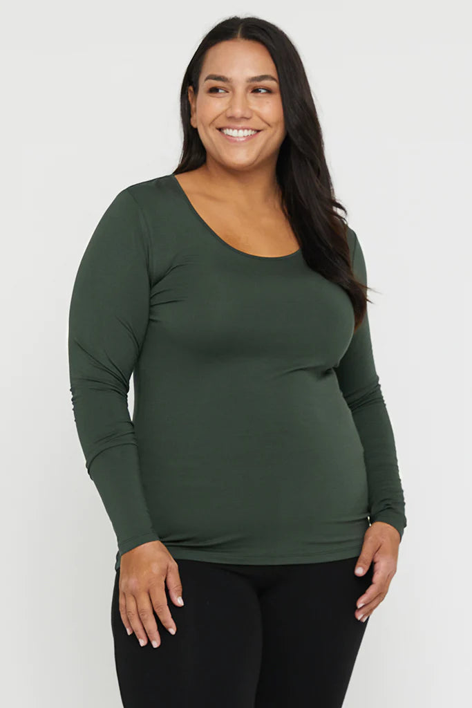 "Buttery soft bamboo women's full sleeve top in green: Sustainable style with a touch of elegance and comfort."