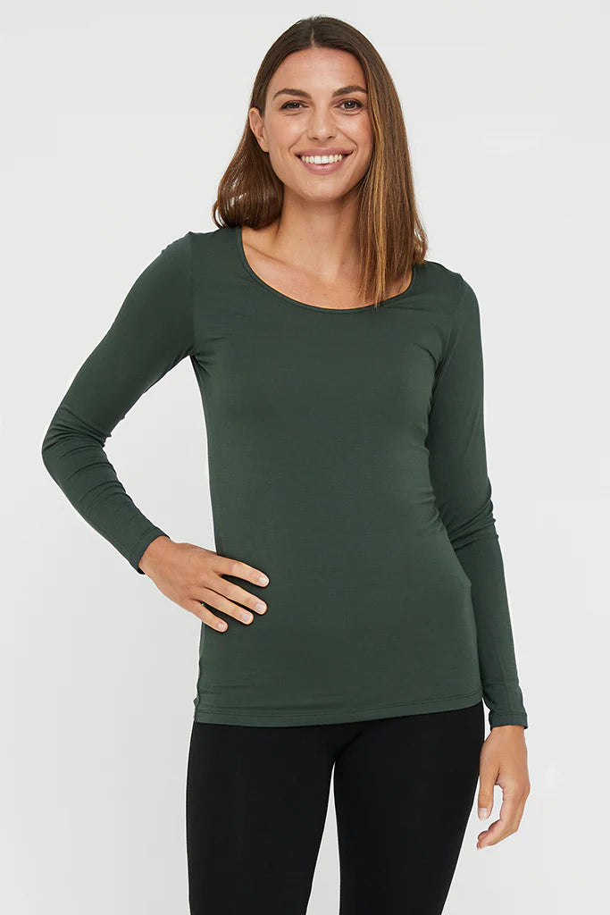 "Stylish green bamboo women's full sleeve top: Luxurious comfort meets sustainability in versatile clothing."
