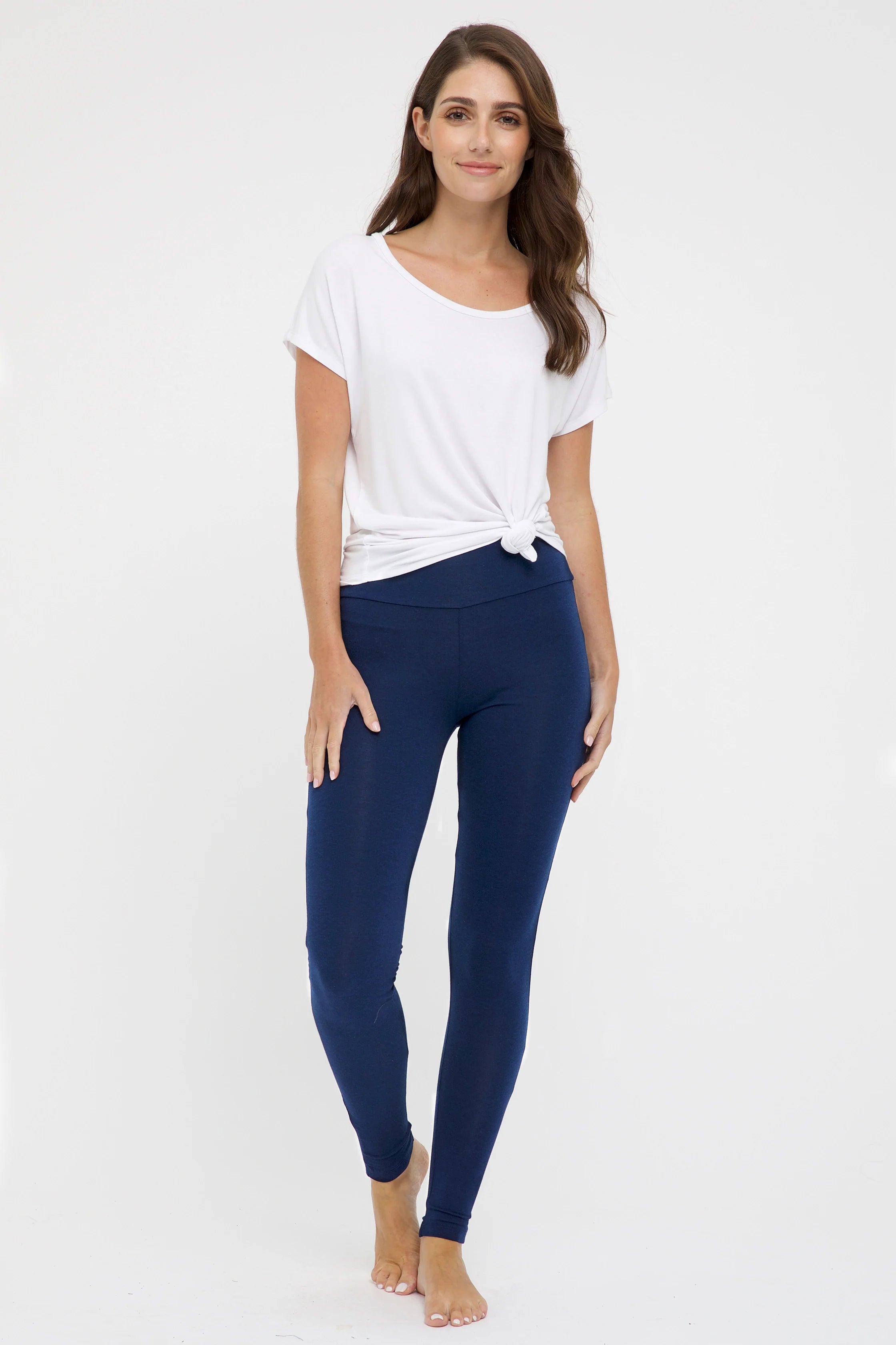 "Navy bamboo women's leggings: Luxuriously soft and eco-friendly, perfect for versatile, sustainable style."