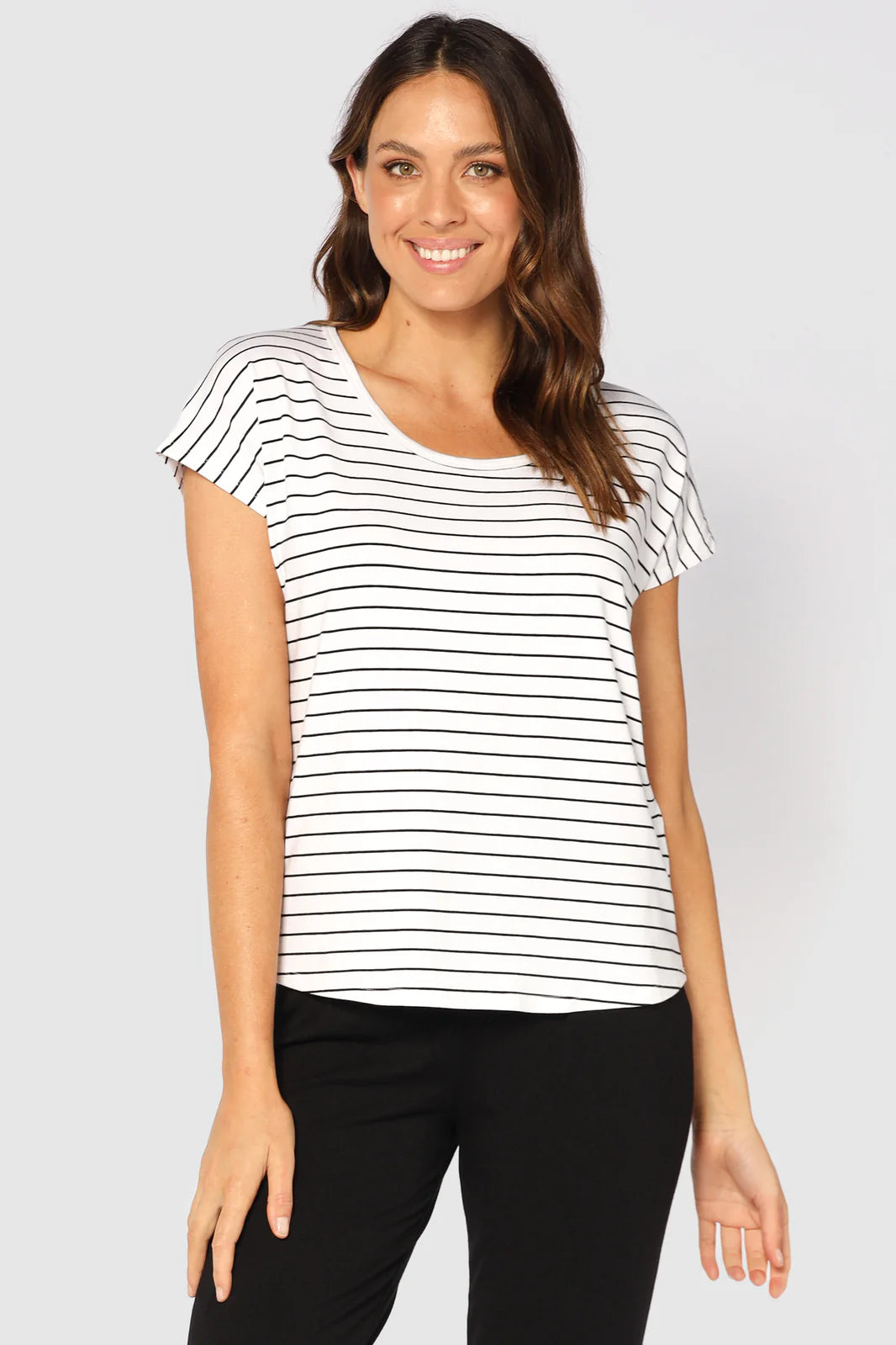 "Bamboo women's top: Stay chic and comfortable in striped fabric, crafted for sustainable luxury."