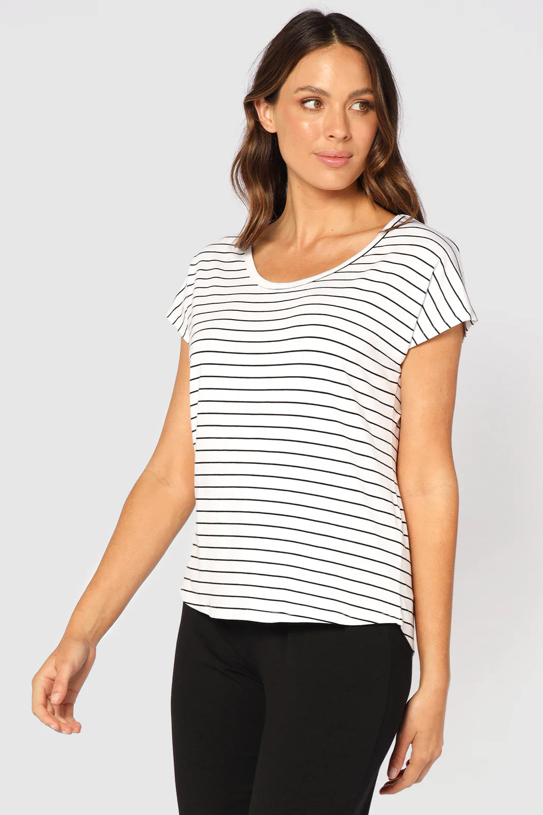 "Eco-friendly bamboo women's clothing: Striped top offers buttery softness and stylish sustainability."