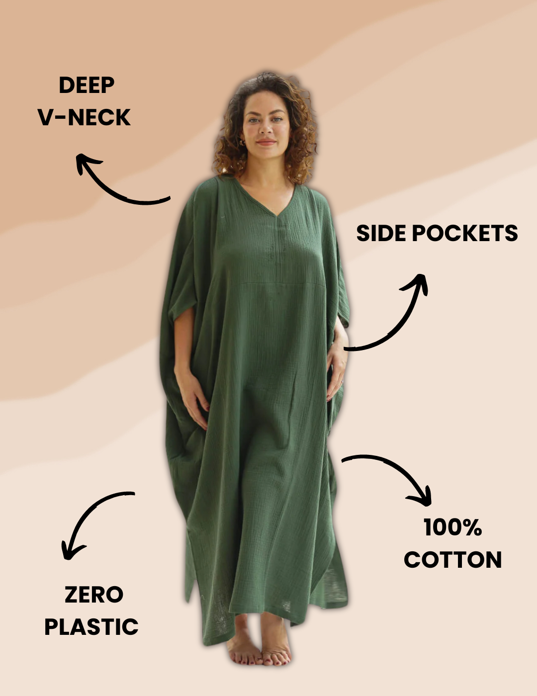 Elegant forest green long Eco-Friendly Plus Size Kaftan made from lightweight cotton gauze, offering comfort and effortless style.