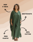 Elegant forest green long Eco-Friendly Plus Size Kaftan made from lightweight cotton gauze, offering comfort and effortless style.