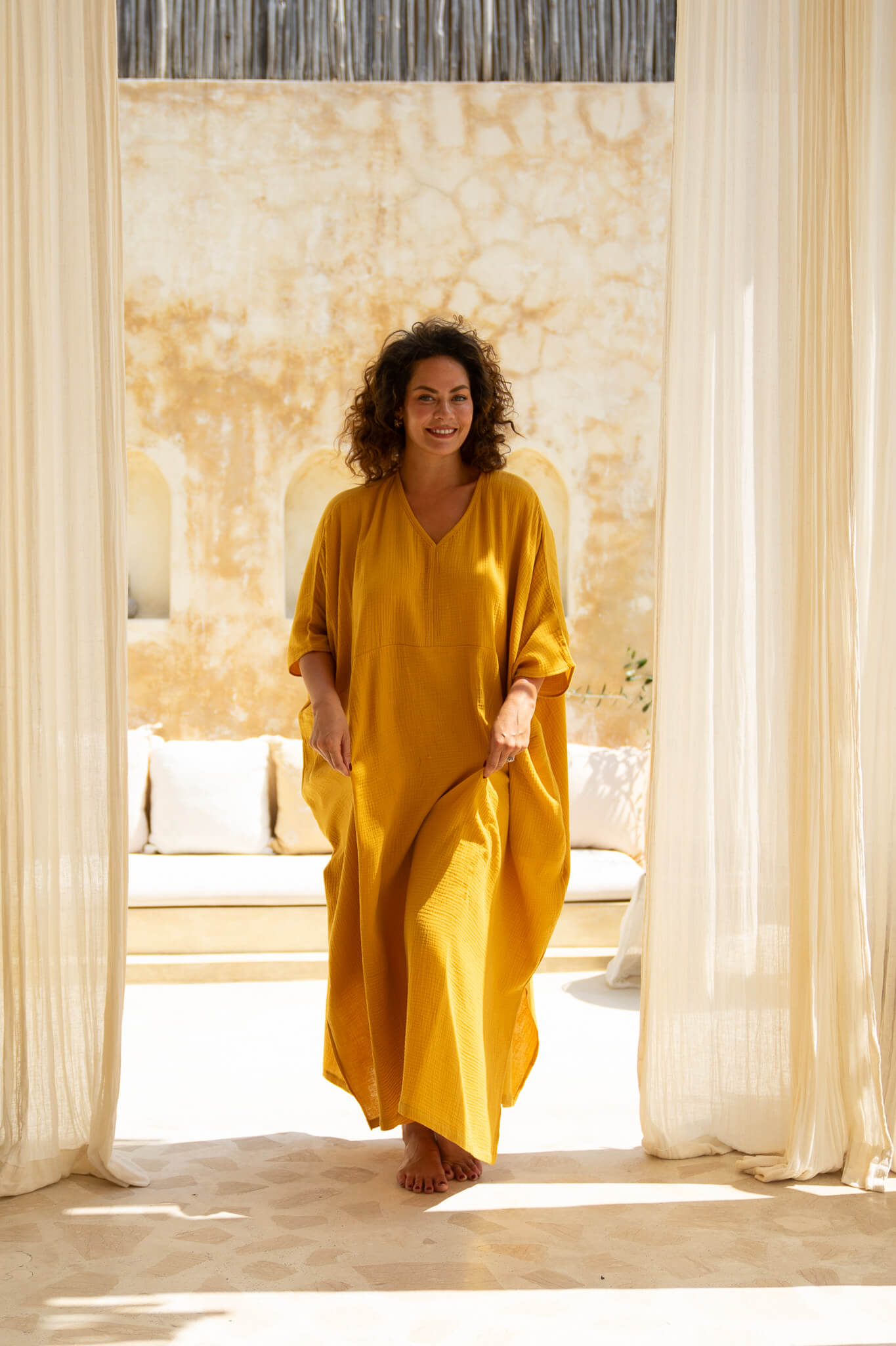 Unleash your inner goddess with our mustard kaftan. Shanti Cotton Gauze Kaftan in Turmeric - plus size beach kaftan Australia fits up to 5XL