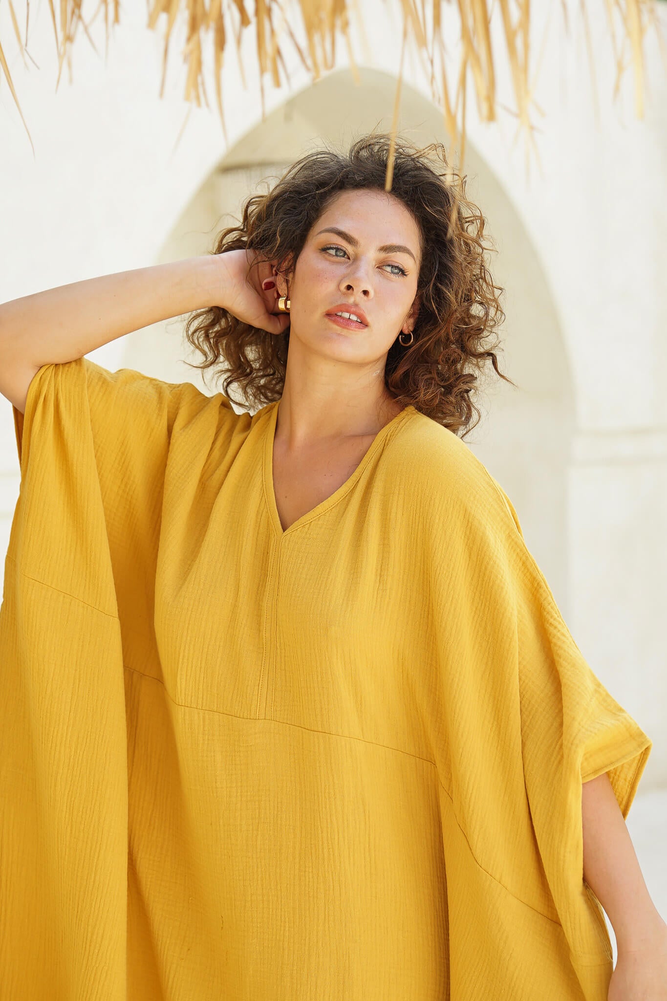 Shanti Cotton Gauze Kaftan in Turmeric - plus size beach kaftan Australia fits up to 5XL