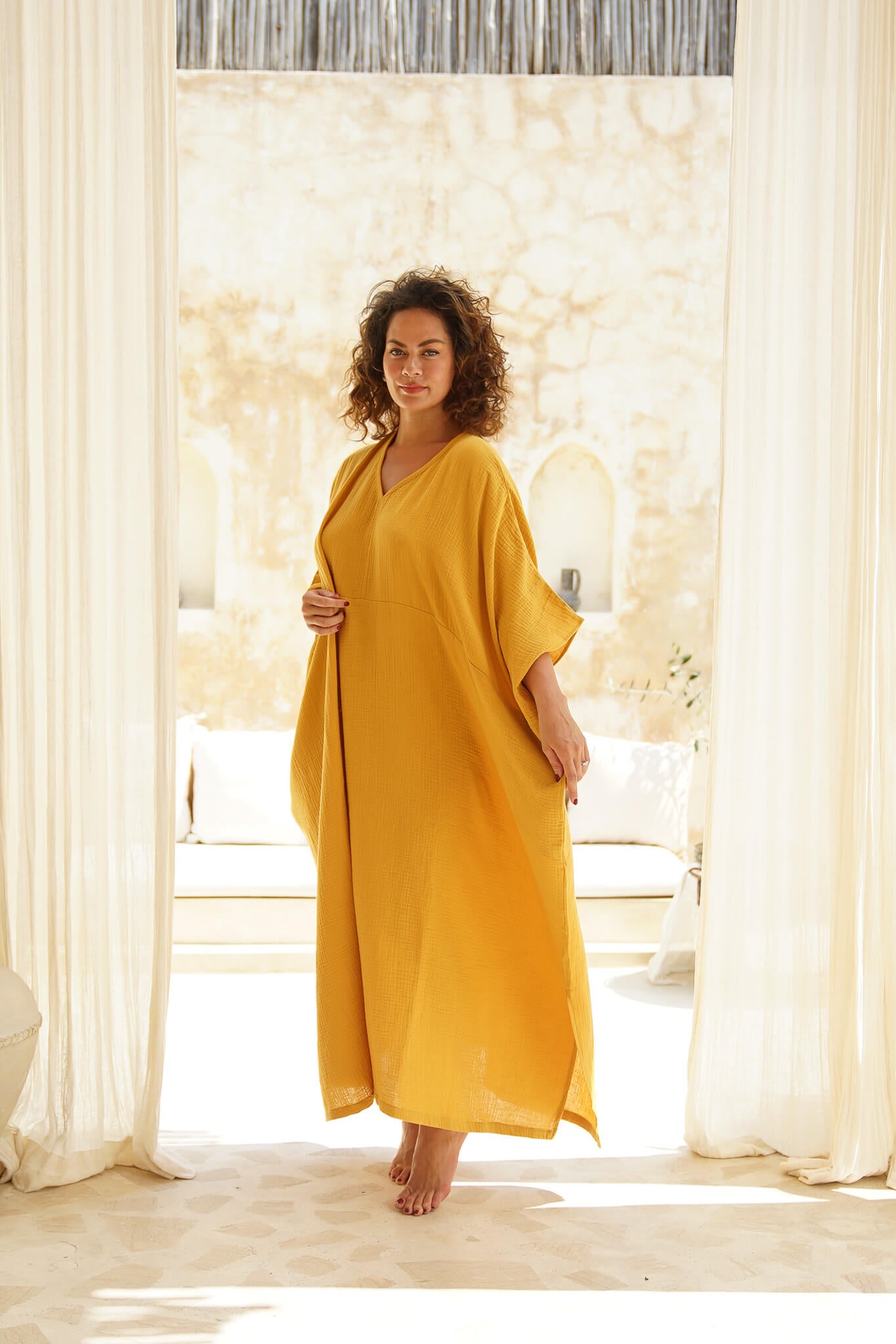 Effortlessly chic in mustard: Our cotton kaftan exudes grace & comfort. Get yours for unmatched style!