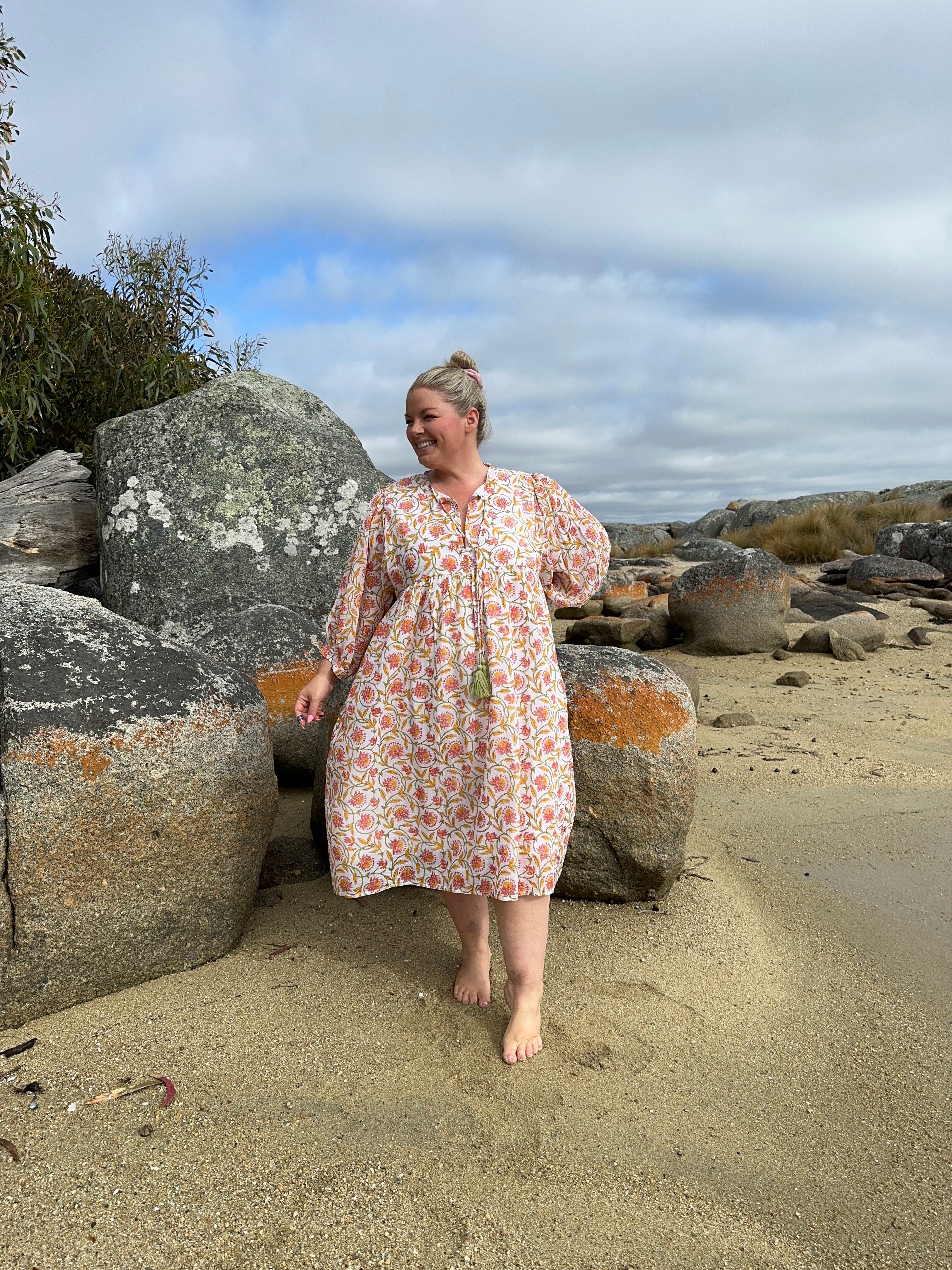 Cotton midi dress featuring a delicate pincushion bloom print, perfect for a fresh and elegant look.