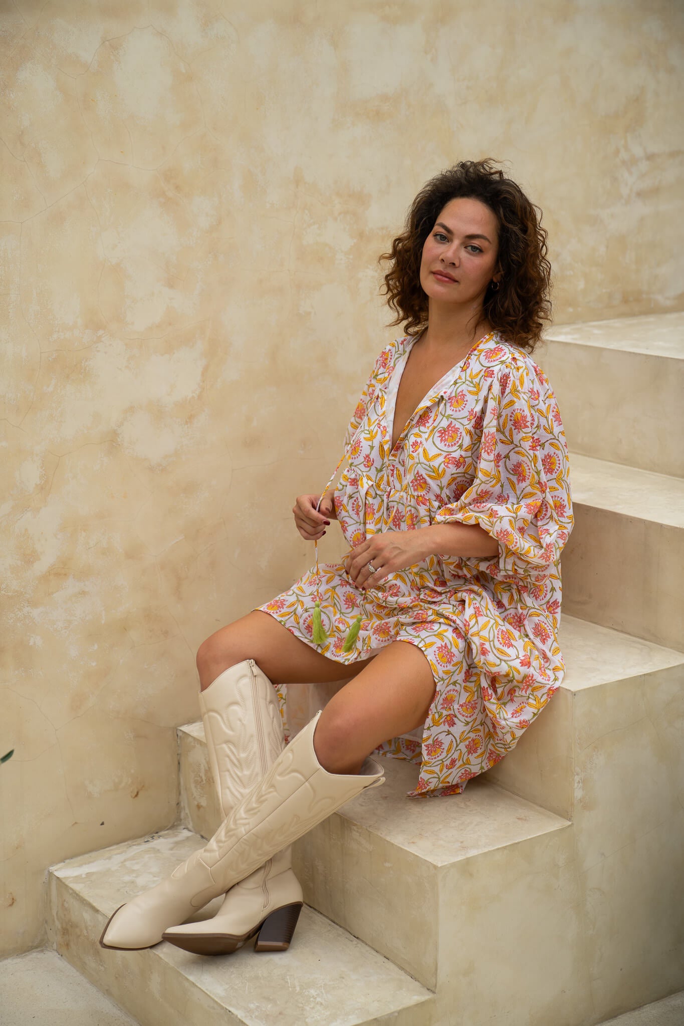 "Cotton midi dress: Pincushion bloom print adds feminine charm to your wardrobe. Perfect for summer outings or special occasions."