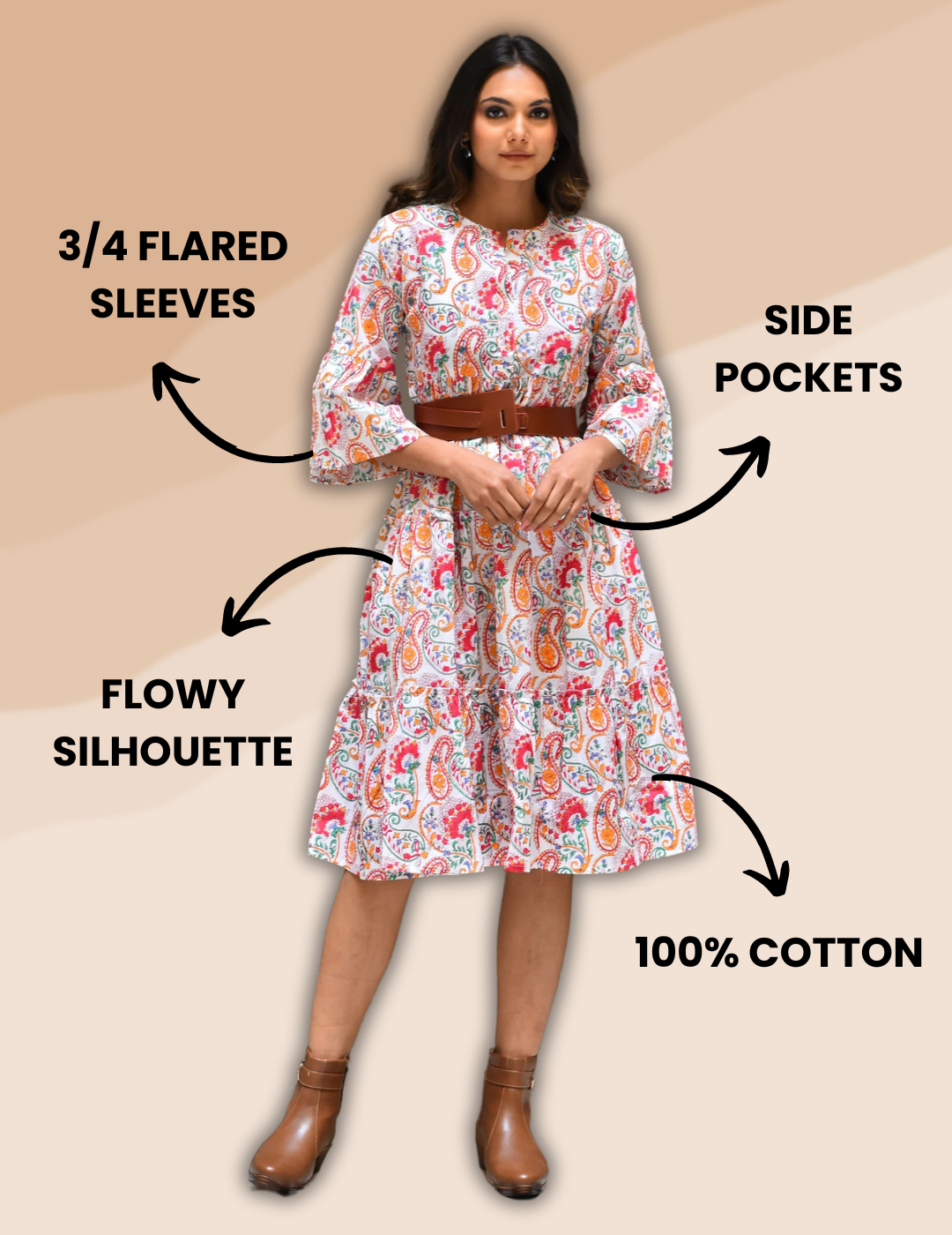 Paisley-print cotton midi dress with 3/4 sleeves, featuring a twirl-ready silhouette. The dress has a fitted bodice, flowing skirt, and lightweight fabric for a stylish yet comfortable look.