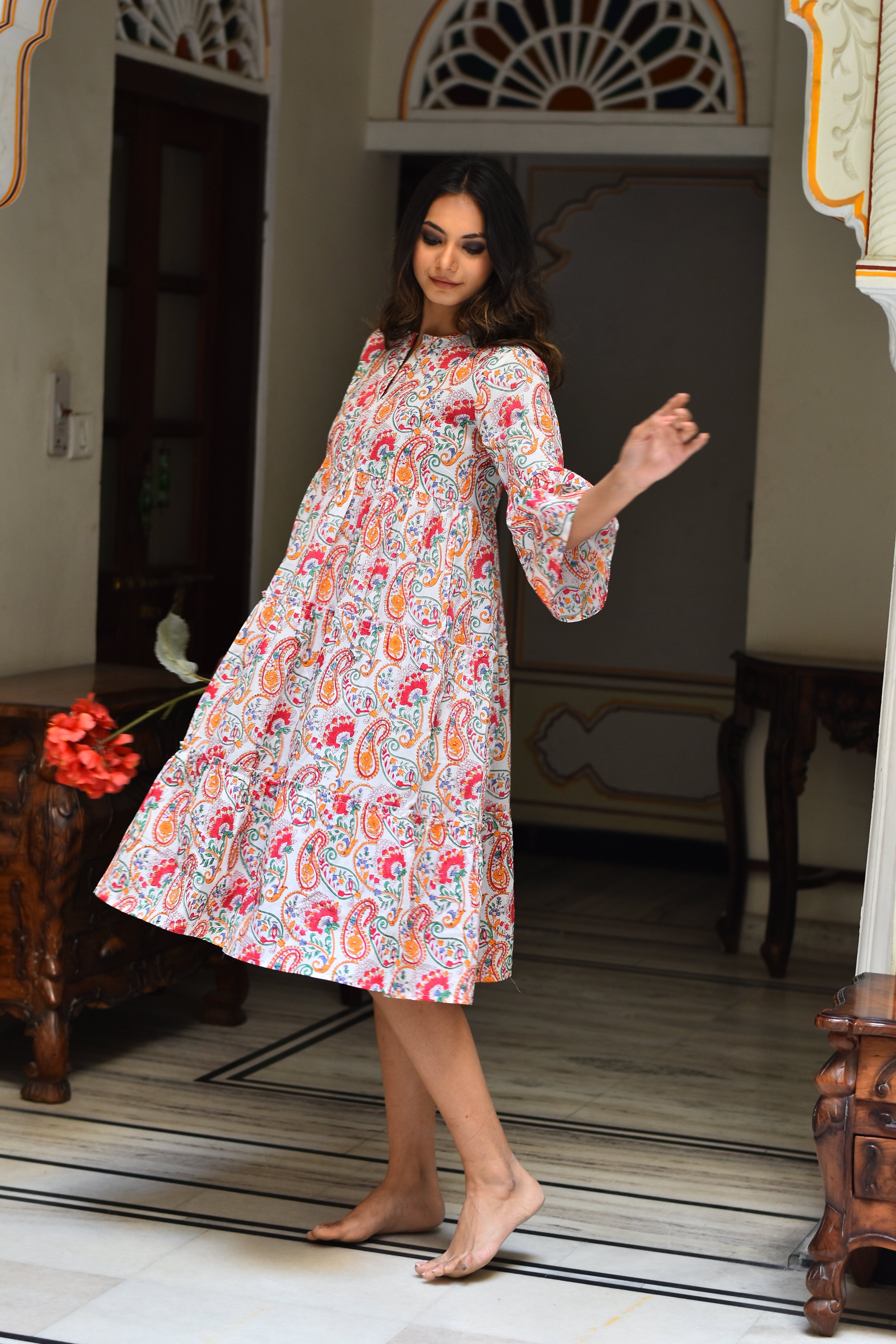 "Handmade cotton midi dress: Unique artisanal creation with long sleeves, perfect for chic style."