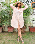 "Handmade geo print cotton shirt dress: Crafted with care for unique, trendy style."
