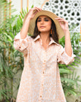 "Handmade shirt in cotton: Geo print sophistication, reflecting artisanal craftsmanship and style."