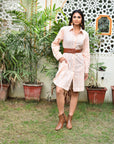 "Handmade cotton shirt dress in geo print: Exquisite artisanal design, blending comfort with fashionable flair."