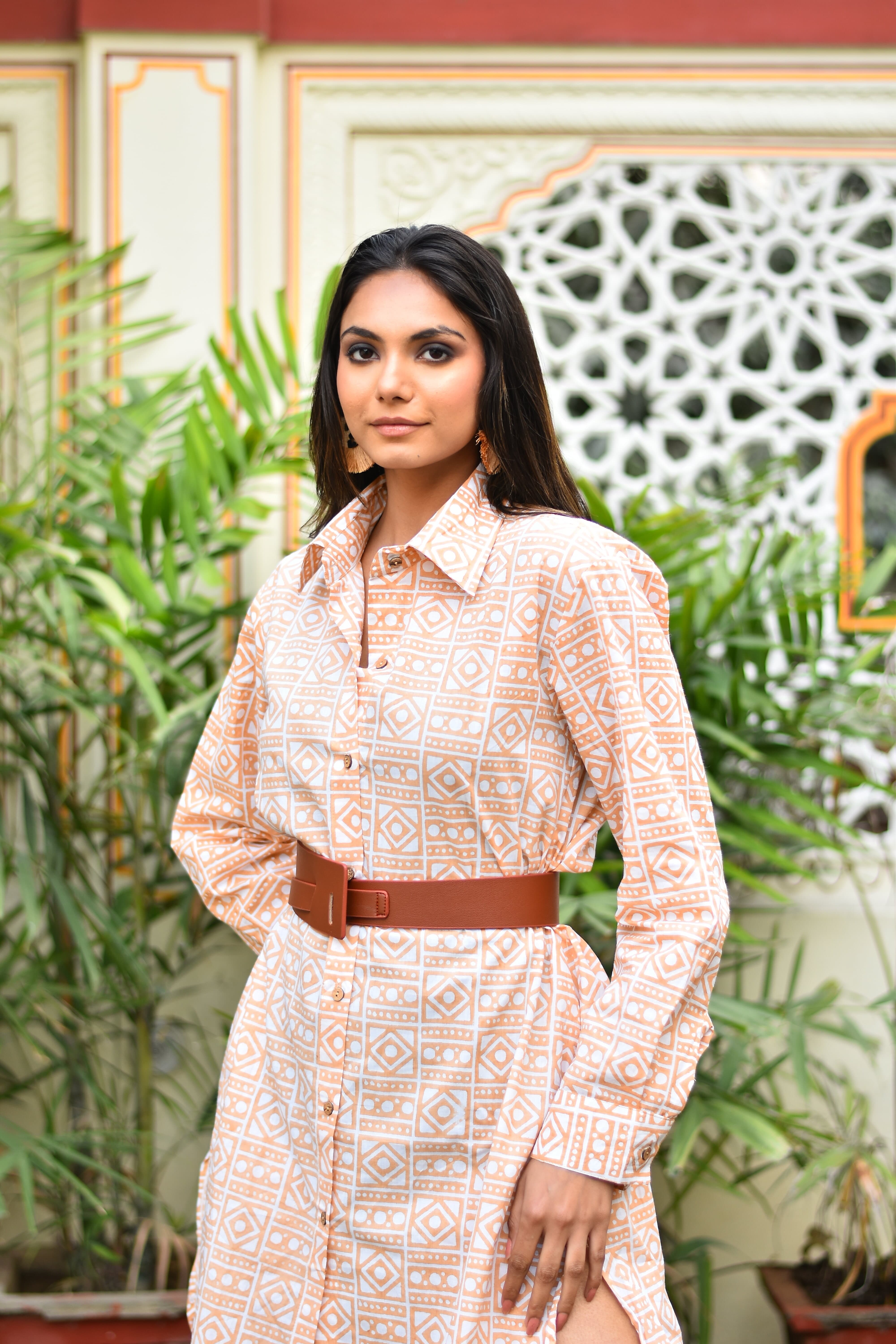 "Artisanal cotton shirt dress: Geo print design, handmade for elegance and charm."
