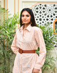 "Artisanal cotton shirt dress: Geo print design, handmade for elegance and charm."