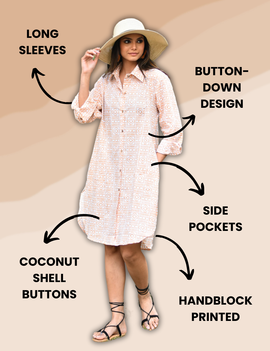 Cotton shirt dress with an eye-catching geometric print, long in length with a classic collar and button-down design.