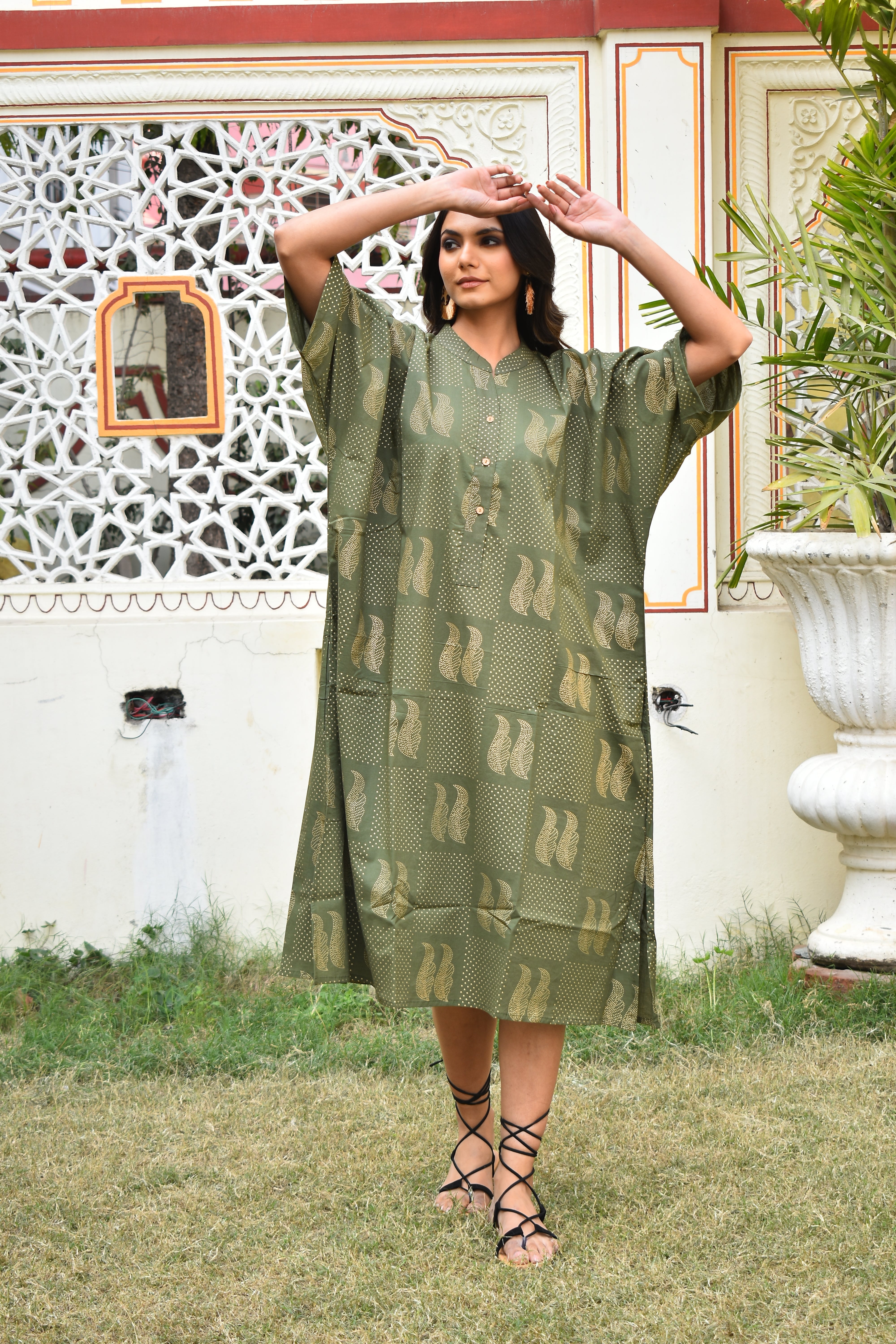 "Handmade cotton shirt dress in green and gold: Unique artisanal creation, perfect for standout style."