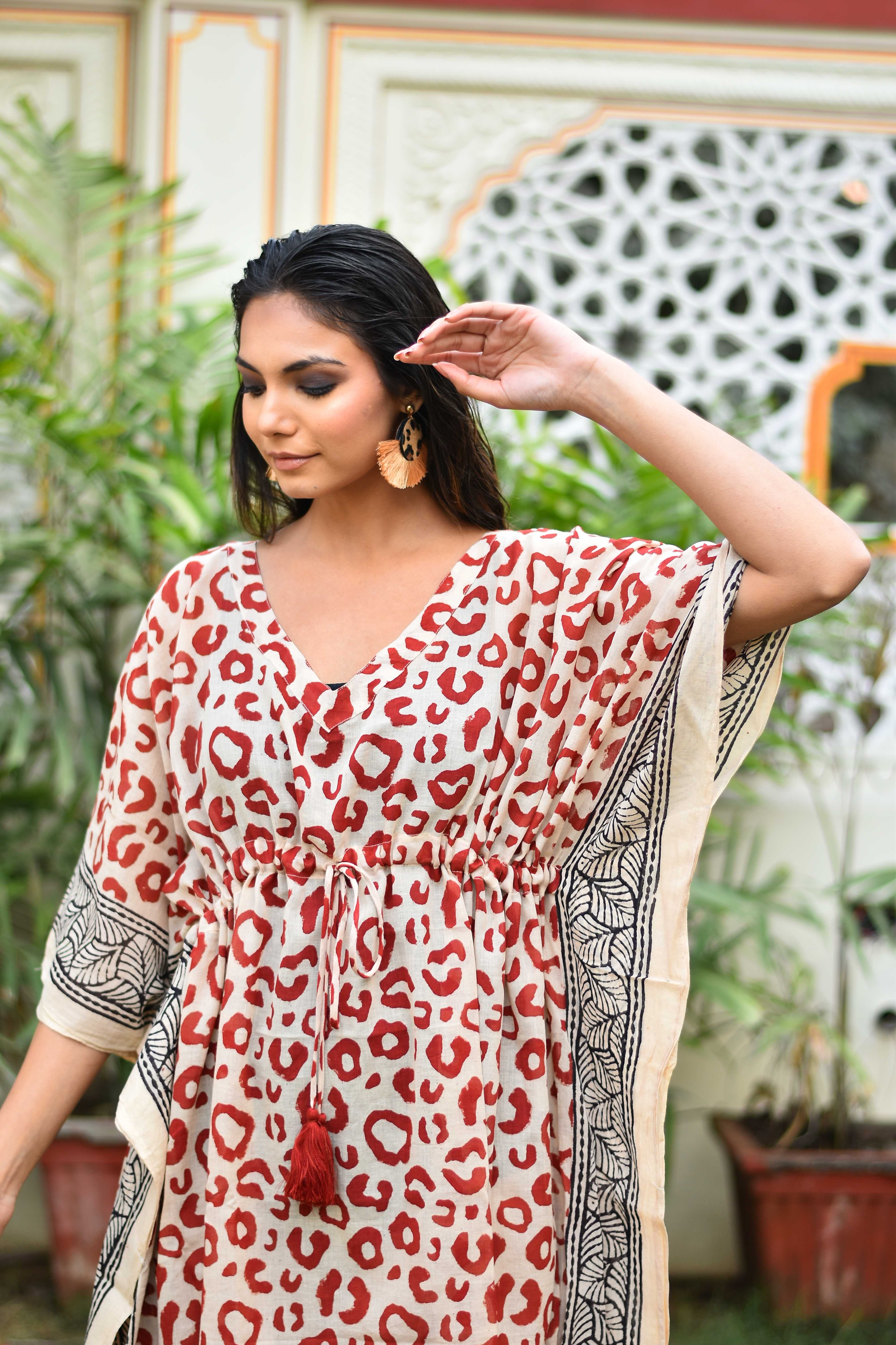 "Leopard print cotton short kaftan: Handmade with care, offering both style and comfort."