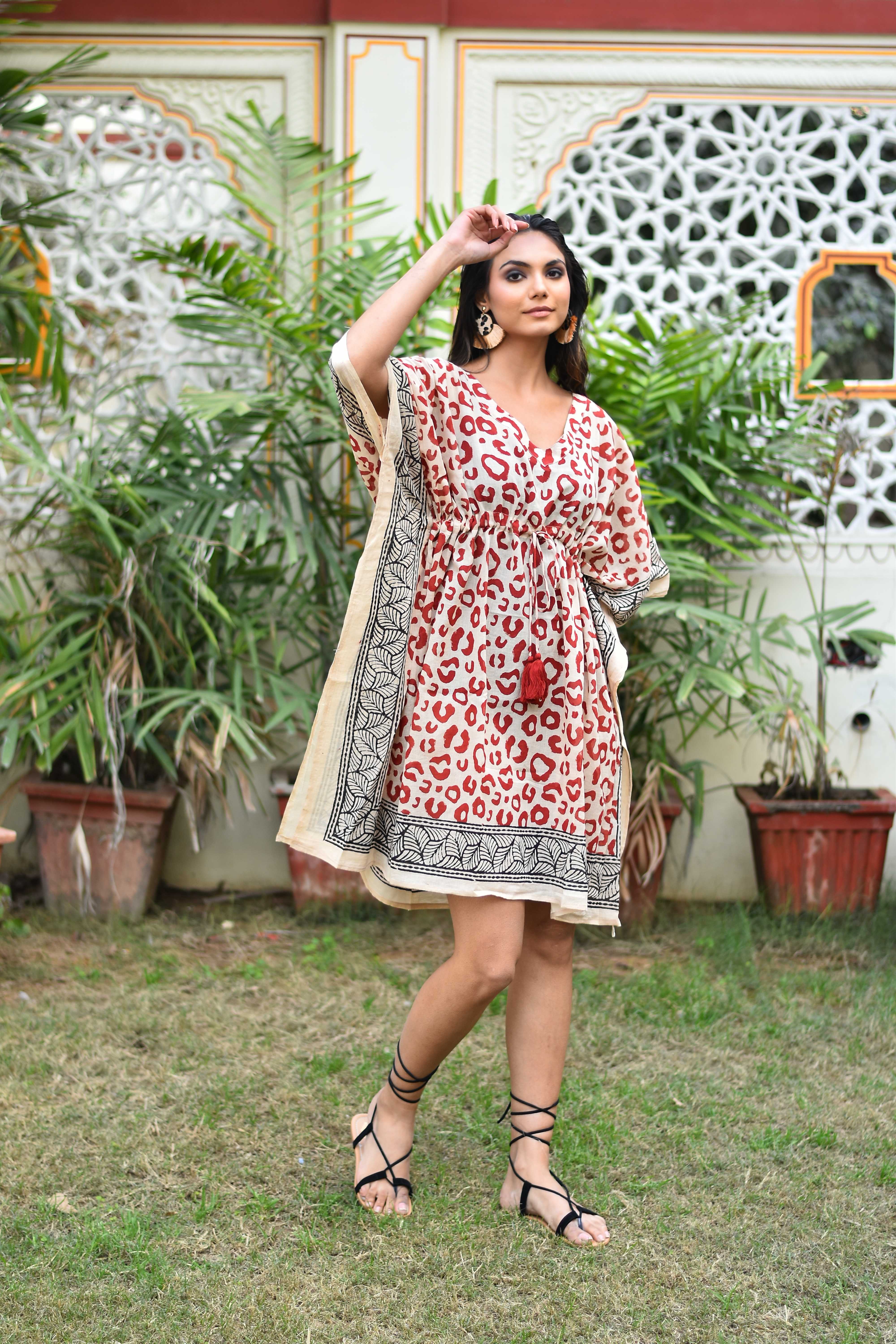 Kavya Short Kaftan in Leopard Print - sustainable plus size beachwear Australia hand block printed