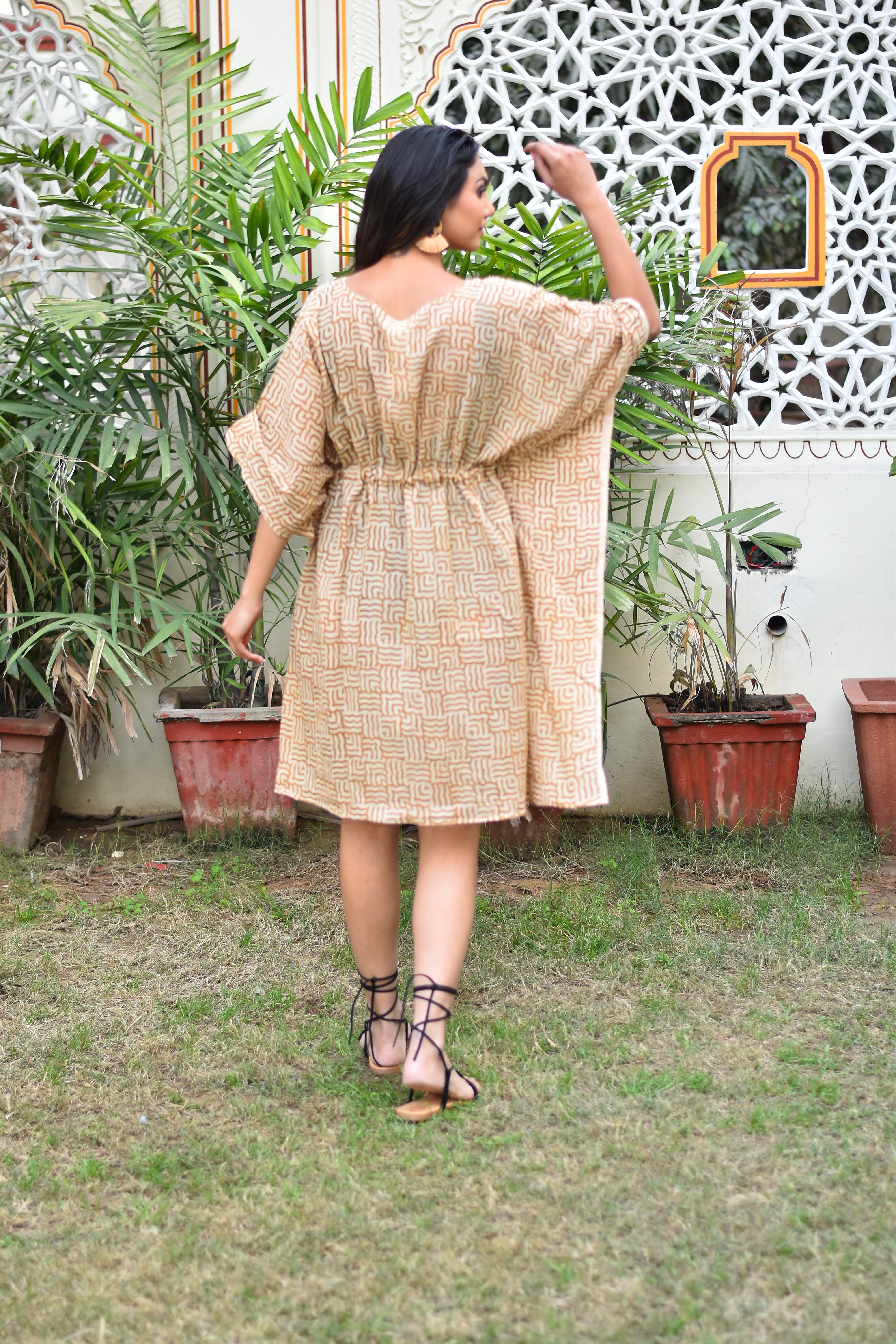 Kavya Short Kaftan in Mustard - plus size beach kaftan Australia hand block printed
