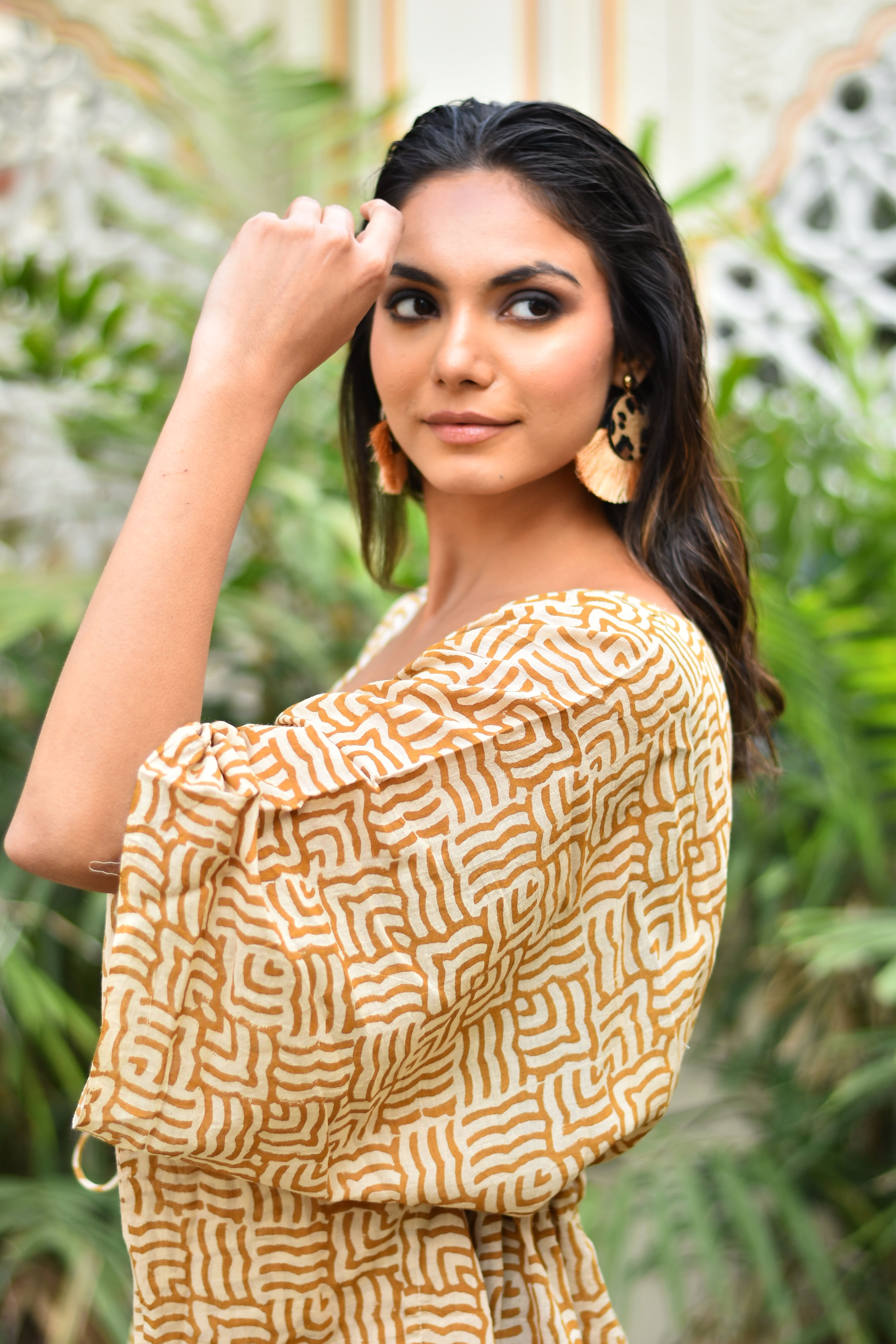 Kavya Short Kaftan in Mustard - plus size beach kaftan Australia hand block printed