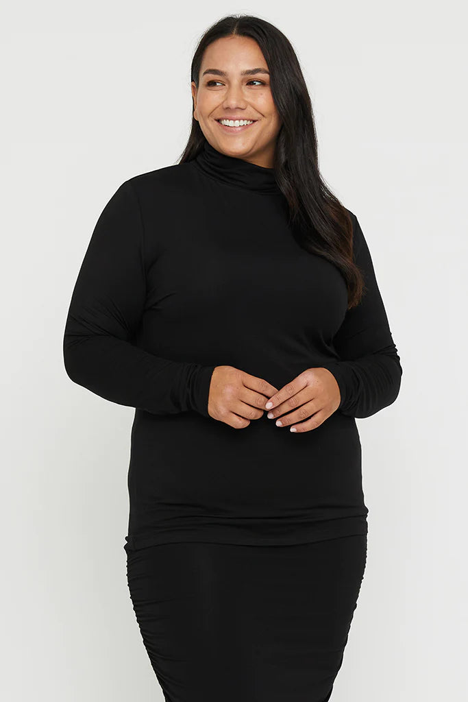 "Buttery soft black bamboo women's top: Sustainable fashion for everyday elegance and style."