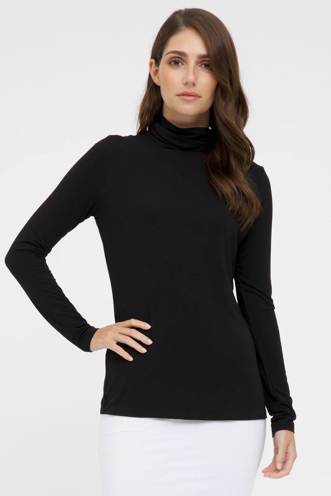 "Stylish black bamboo women's top: Luxurious comfort meets sustainability in versatile attire."