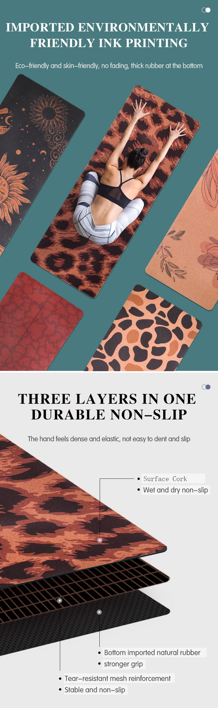 "Sustainable cork yoga mat: Eco-friendly, skin-friendly, soft top, super grip base, moisture-wicking, odor-resistant."
