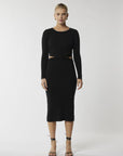 "Turn heads with our sleek black midi dress, designed to enhance your silhouette effortlessly. Shop now!"