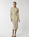 Chic sophistication: Beige midi with waist cut-out. Unbeatable style awaits!