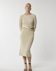 Turn heads effortlessly: Beige midi dress with sleek waist cut-out. Shop now!