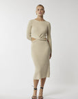 Flaunt elegance: Beige cut-out midi dress. Perfect fit, timeless charm. Shop now!