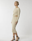 Embrace elegance: Beige cut-out waist midi dress. Elevate your wardrobe.