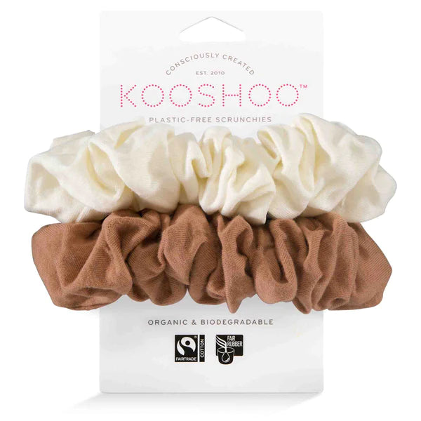 "Sustainable style at its best! Try Kooshoo's plastic-free scrunchies in brown & beige. Soft, durable, & eco-friendly. Shop now for guilt-free beauty!"