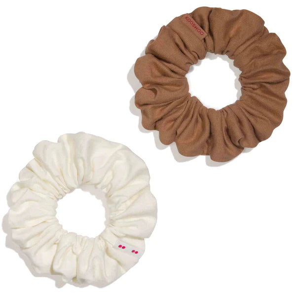 "Upgrade your hair game with Kooshoo's plastic-free scrunchies. Brown & beige options, 100% eco-friendly. Shop sustainable and stylish today!"
