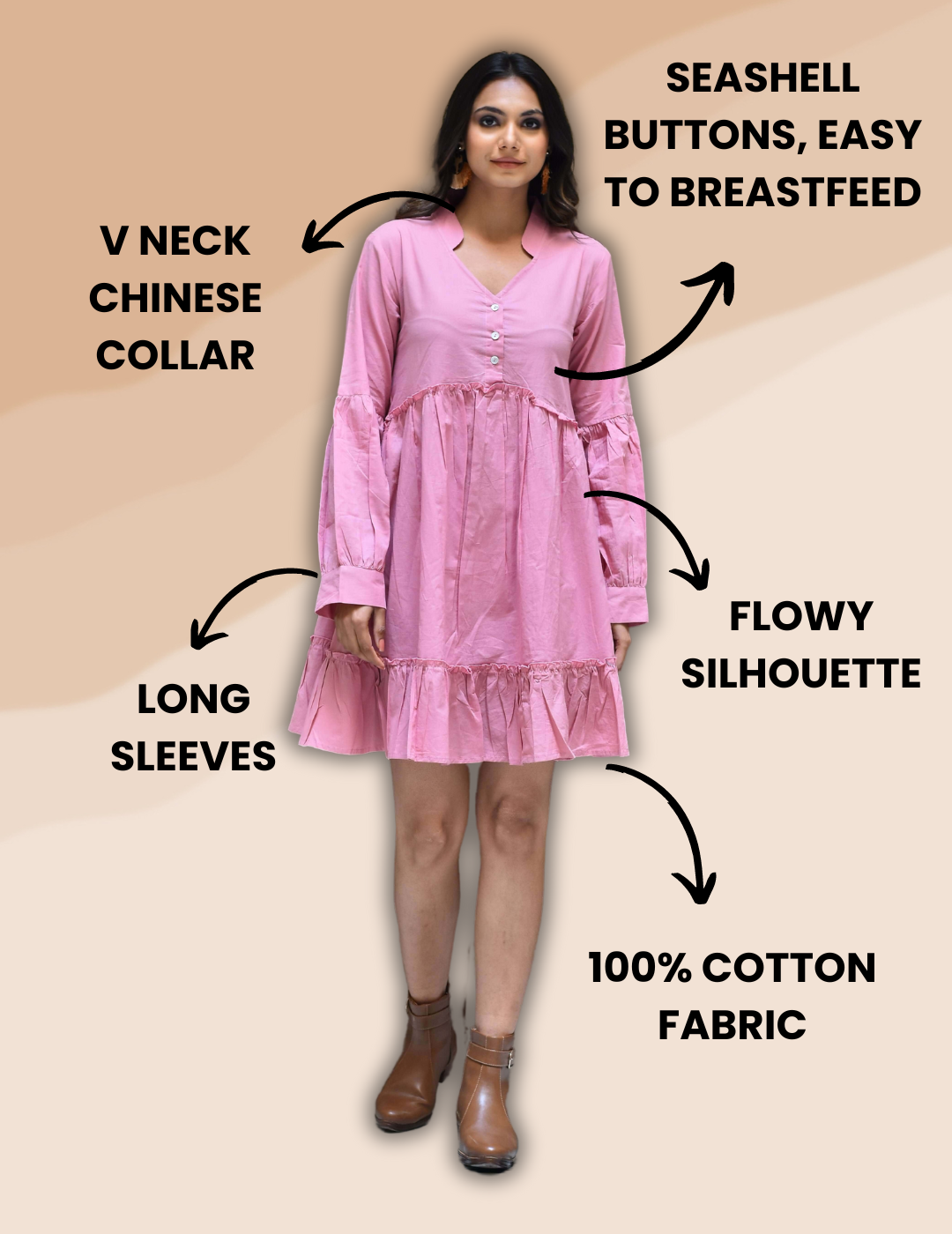 Chic mauve pink midi dress in cotton, showcasing long sleeves and a feminine fit.