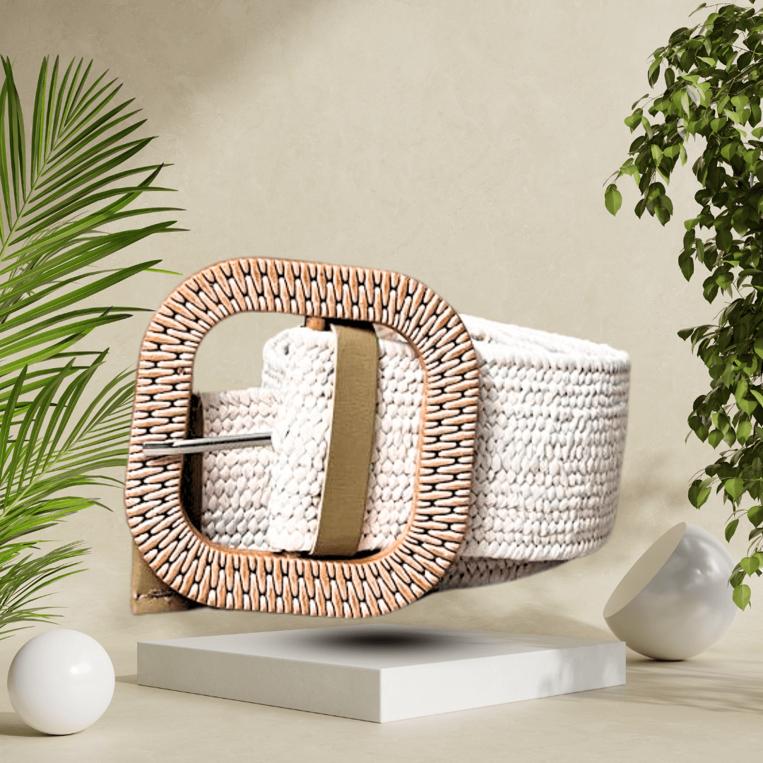 Natural woven straw belt with an elastic band and square buckle, perfect for enhancing your waistline with both comfort and style.