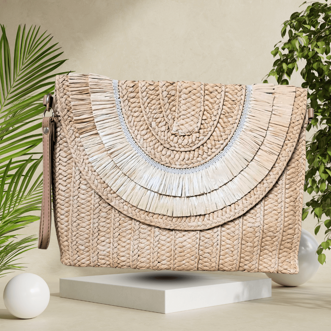 Stylish handmade straw clutch bag featuring a magnetic closure, durable lining, and detachable strap, ideal for eco-conscious fashion lovers.