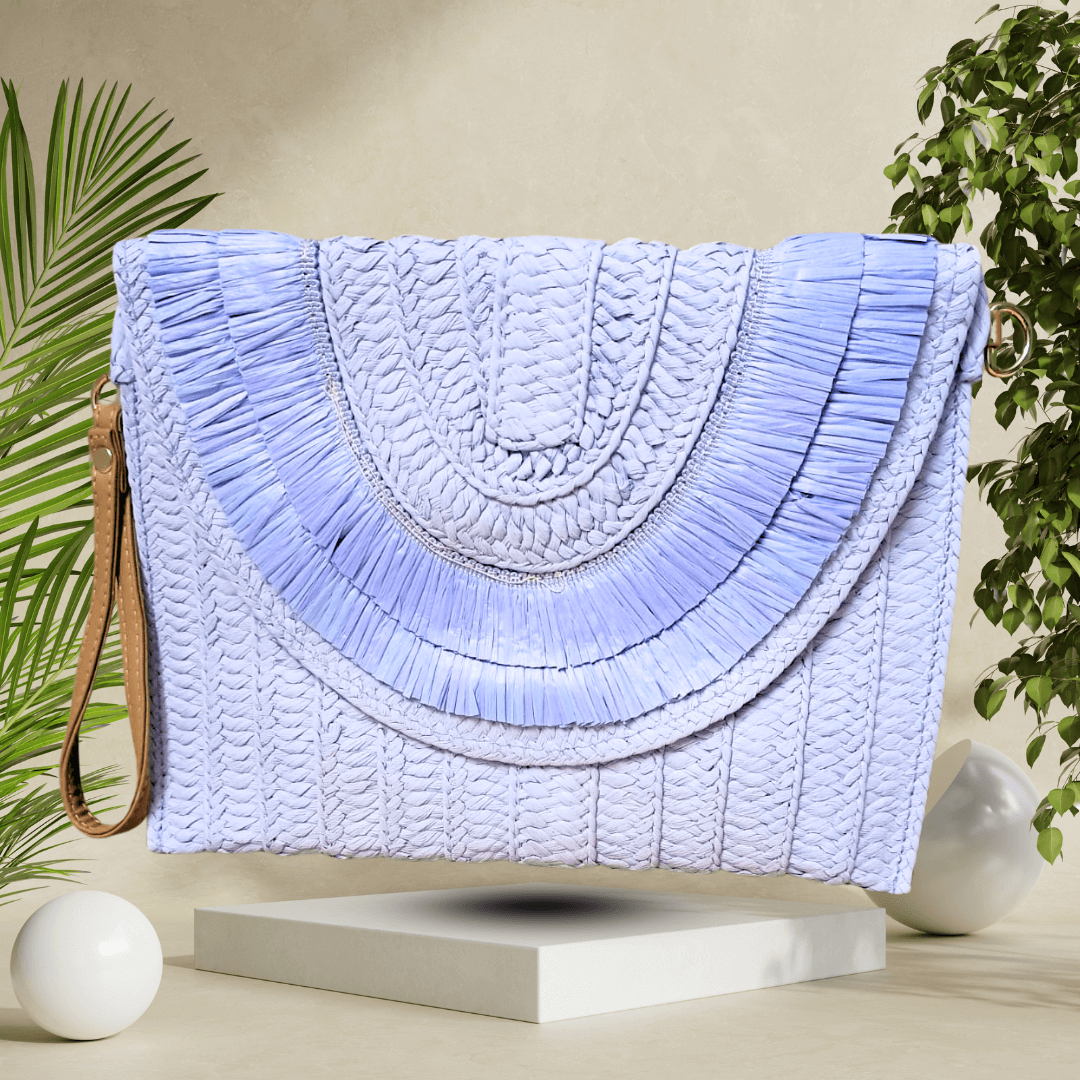 Eco-friendly woven straw clutch with detachable strap, lined interior, and magnetic closure, perfect for elevating your sustainable wardrobe.