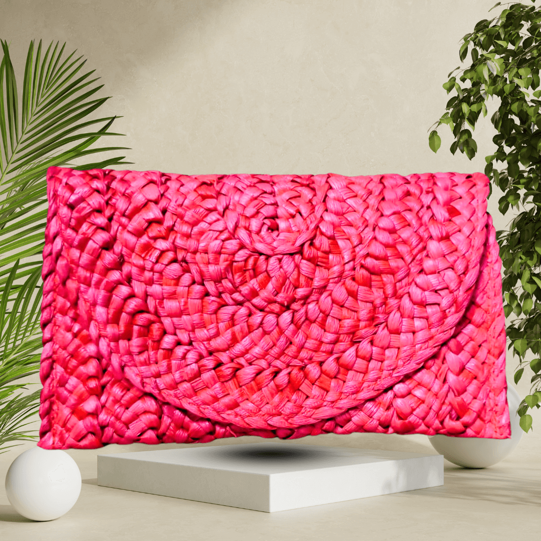 Chic red handmade straw clutch bag, designed with unique craftsmanship, ideal for a bold yet sophisticated touch to your look.