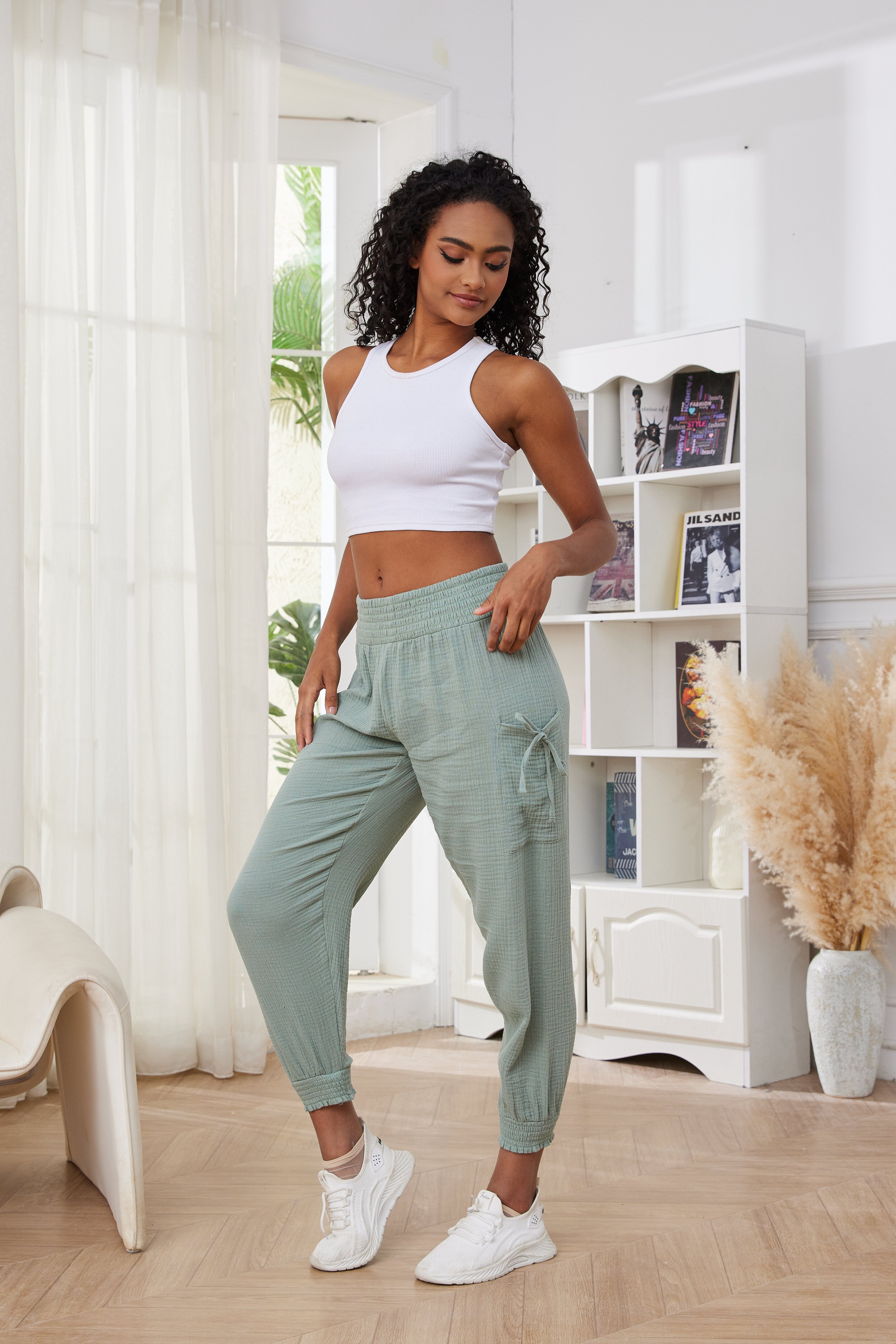 Comfortable cotton pants in soothing sage - relaxed fit for ultimate comfort