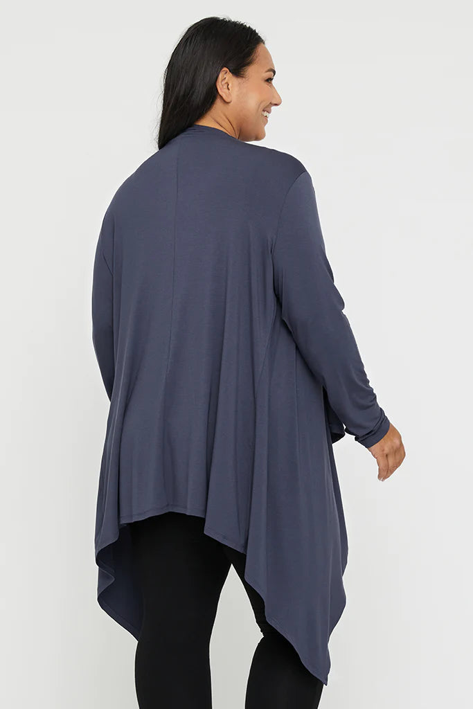 "Buttery soft bamboo cardigan in charcoal: Sustainable style and comfort for versatile wardrobe essentials."
