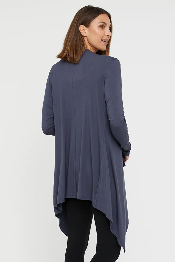 "Eco-friendly bamboo women's clothing: Charcoal waterfall cardi offers buttery softness and chic elegance."