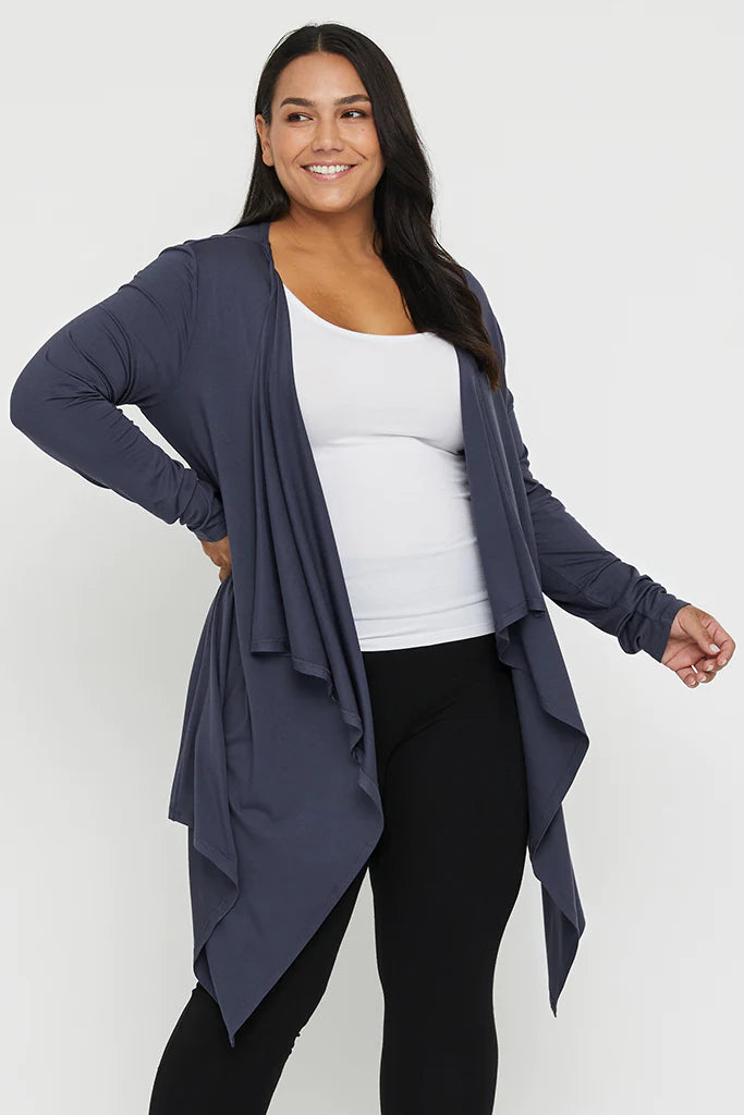 "Charcoal bamboo waterfall cardigan: Luxuriously soft and eco-friendly, a staple in bamboo women's clothing."