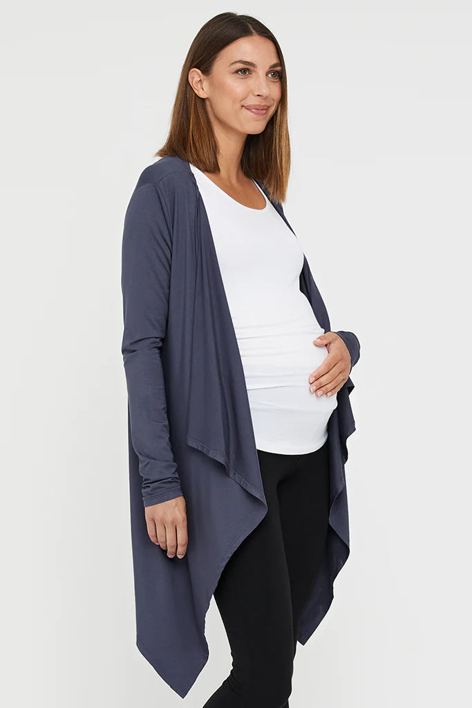 "Bamboo women's cardigan: Stay cozy and stylish in charcoal, crafted from luxuriously soft fabric."