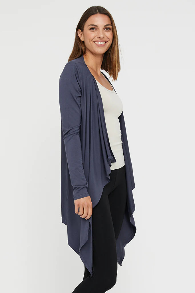 "Stylish charcoal bamboo waterfall cardigan: Luxurious comfort meets sustainability in women's clothing."