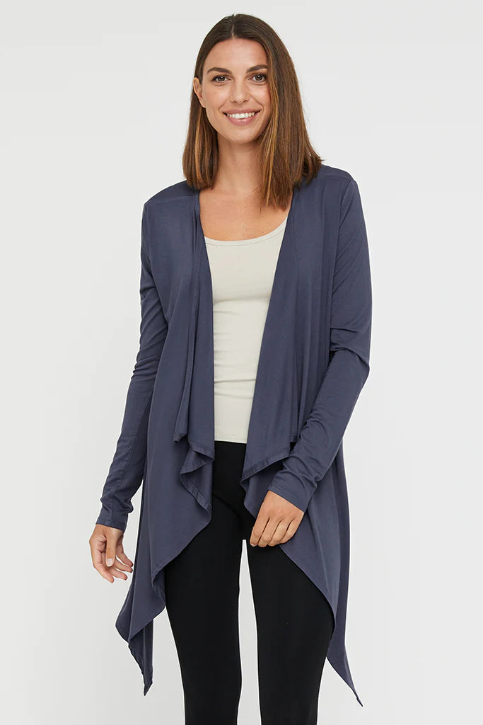 "Buttery soft bamboo cardi for women: Charcoal hue adds sophistication to eco-conscious attire."