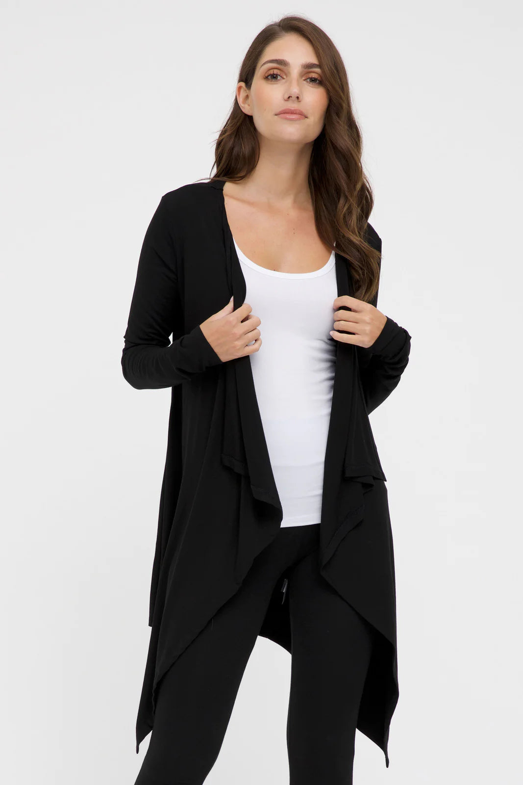 "Black bamboo waterfall cardigan: Luxuriously soft and eco-friendly, a staple in women's bamboo clothing."