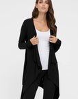 "Black bamboo waterfall cardigan: Luxuriously soft and eco-friendly, a staple in women's bamboo clothing."